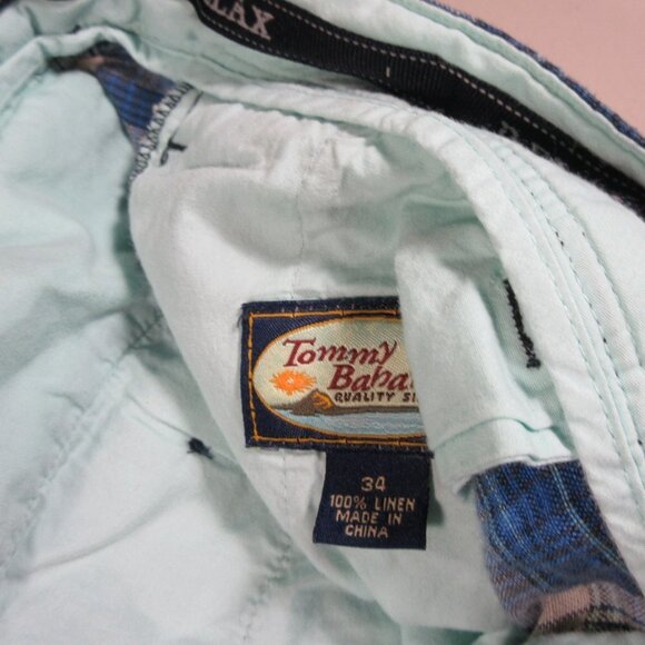 Tommy Bahama mens blue black teal plaid 100% linen shorts 34 EUC - Picture 2 of 4